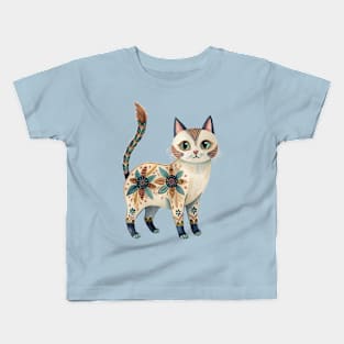 Munchkin Cat with floral boho pattern Kids T-Shirt